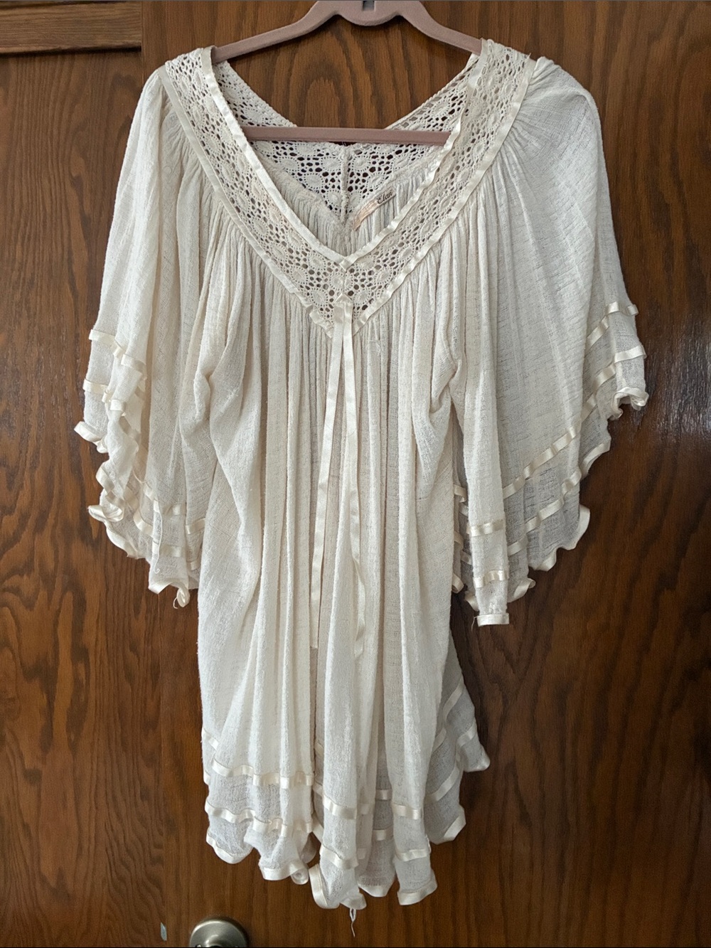 Elan Cream Lace-Trim Flowy Peasant Tunic